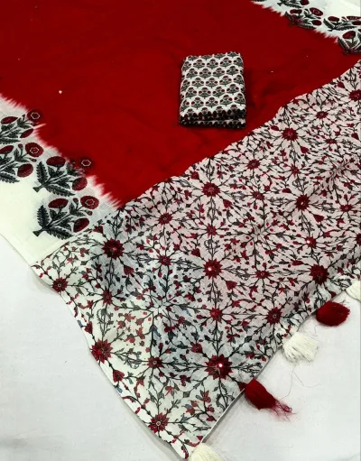 Floral Linen Printed Saree - Tomato Red